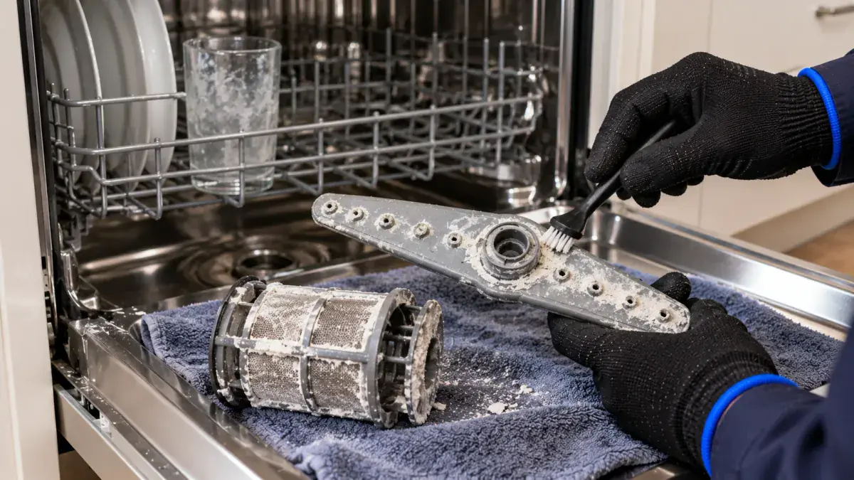 Repairman brushing hard water scale off a dishwasher spray arm and filter in a Dallas TX home