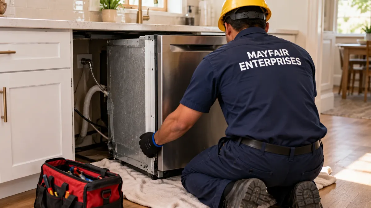 Repairman pulling a dishwasher out of its cabinet during dishwasher repair in Dallas TX