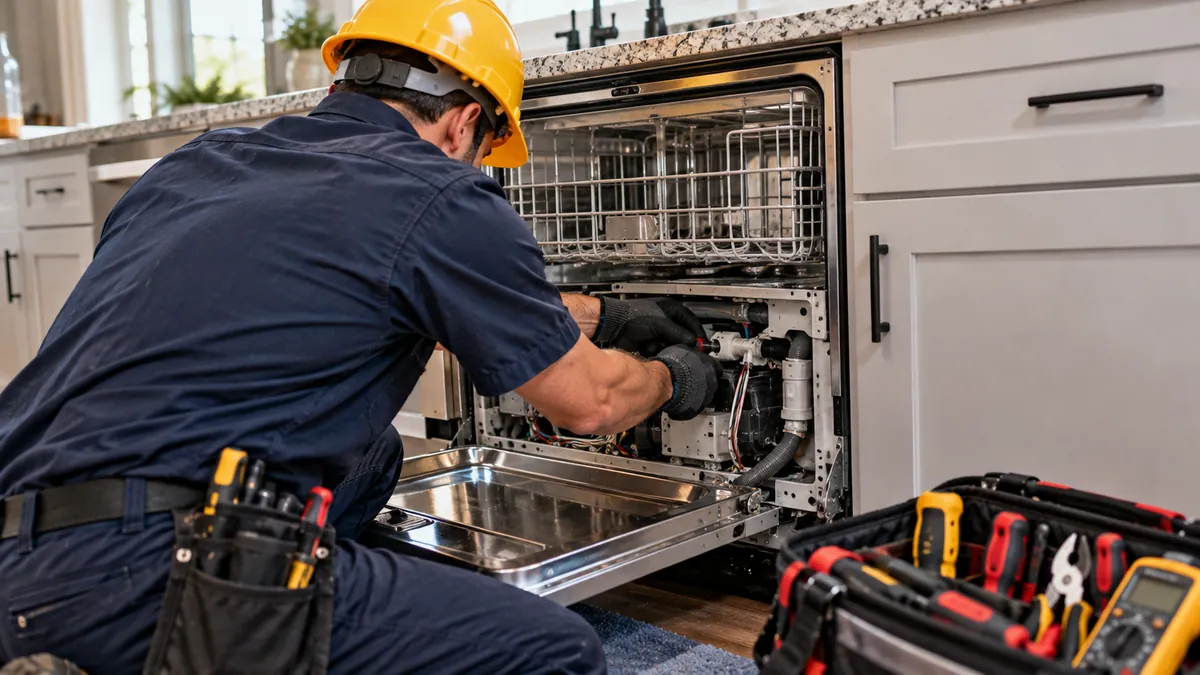 Repairman working inside a dishwasher during appliance repair in Frisco TX