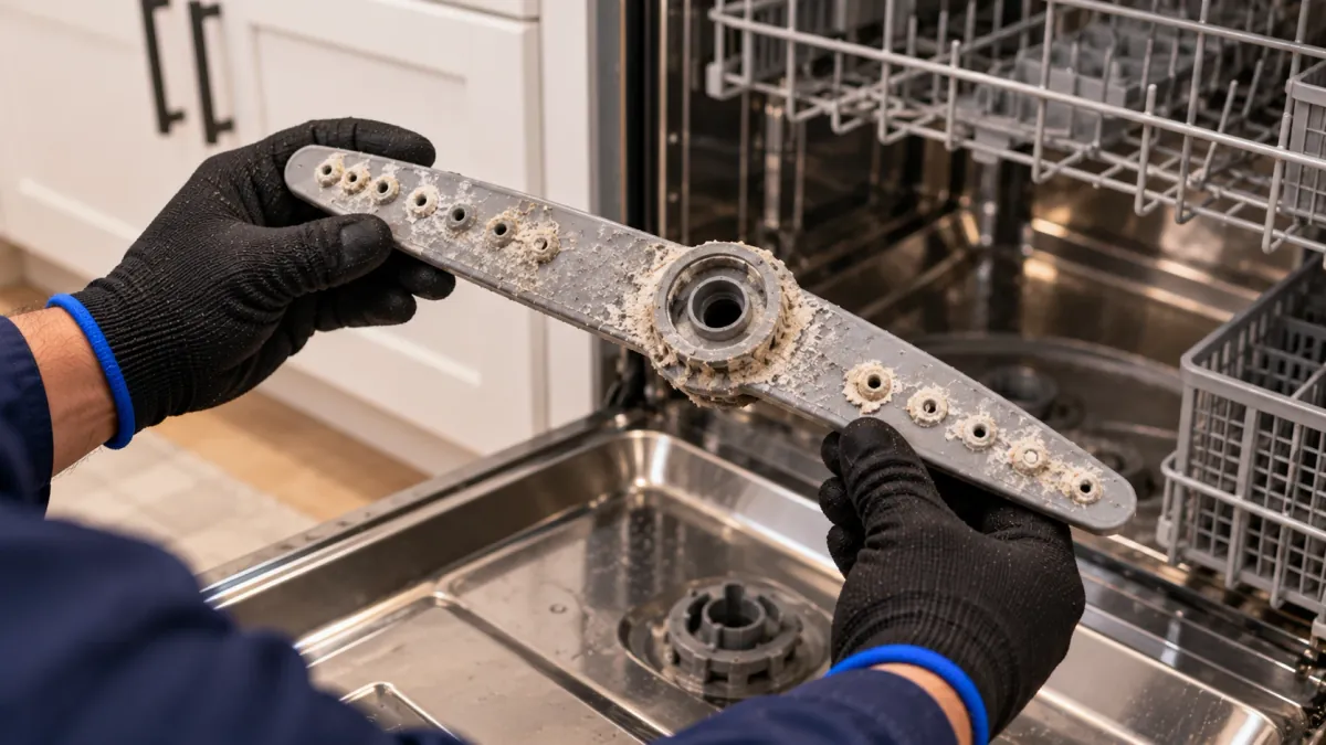 White hard water scale clogging the holes of a dishwasher spray arm in a Plano TX home