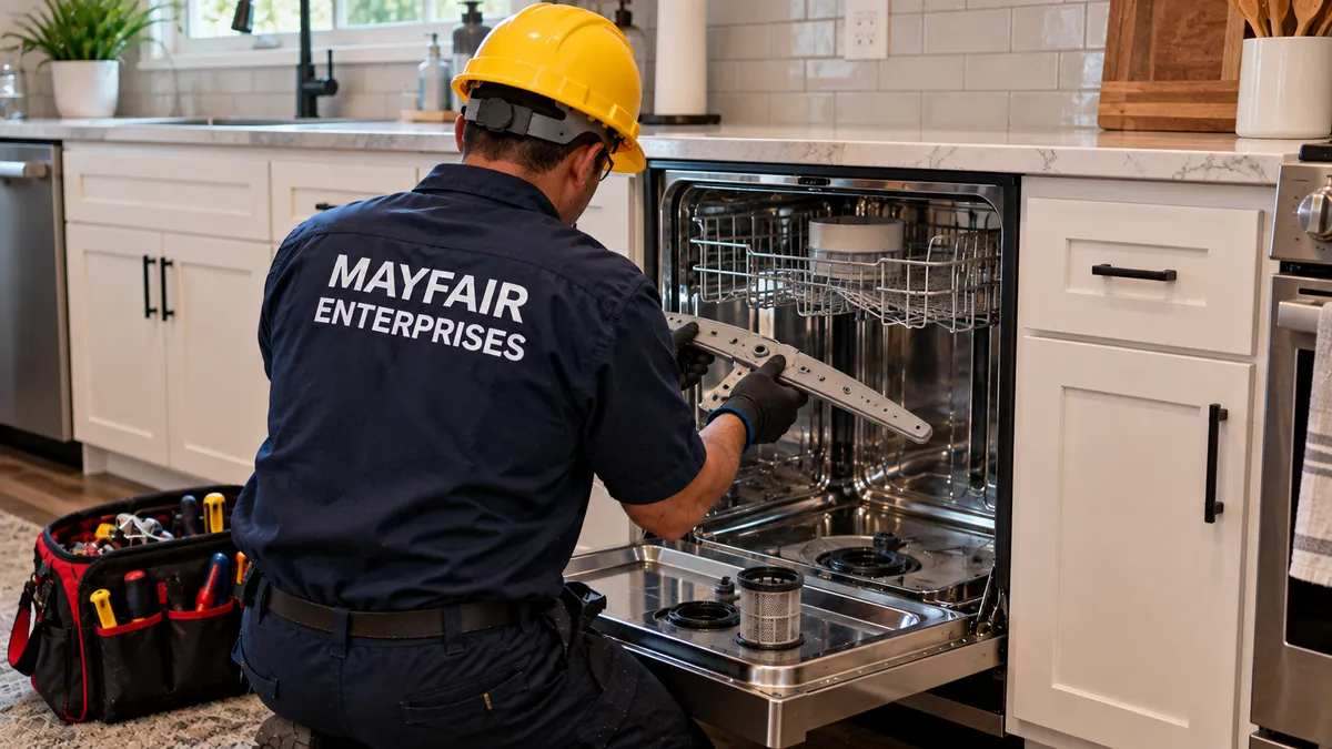 Repairman removing a dishwasher spray arm during appliance repair in Grand Prairie TX