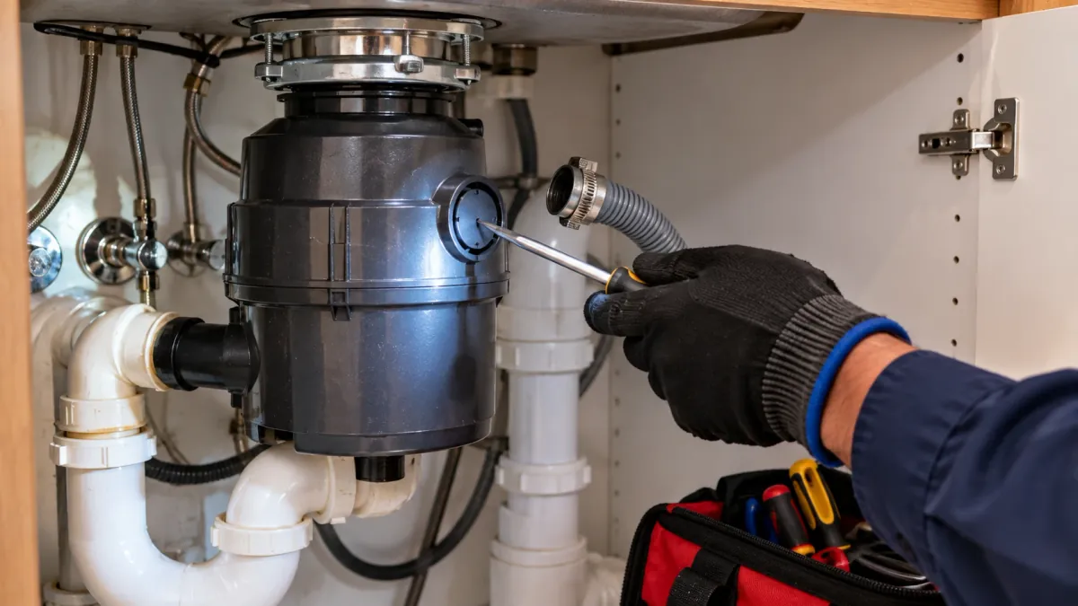 Repairman pointing to the knockout plug still sealing a garbage disposal dishwasher inlet in a Frisco TX kitchen