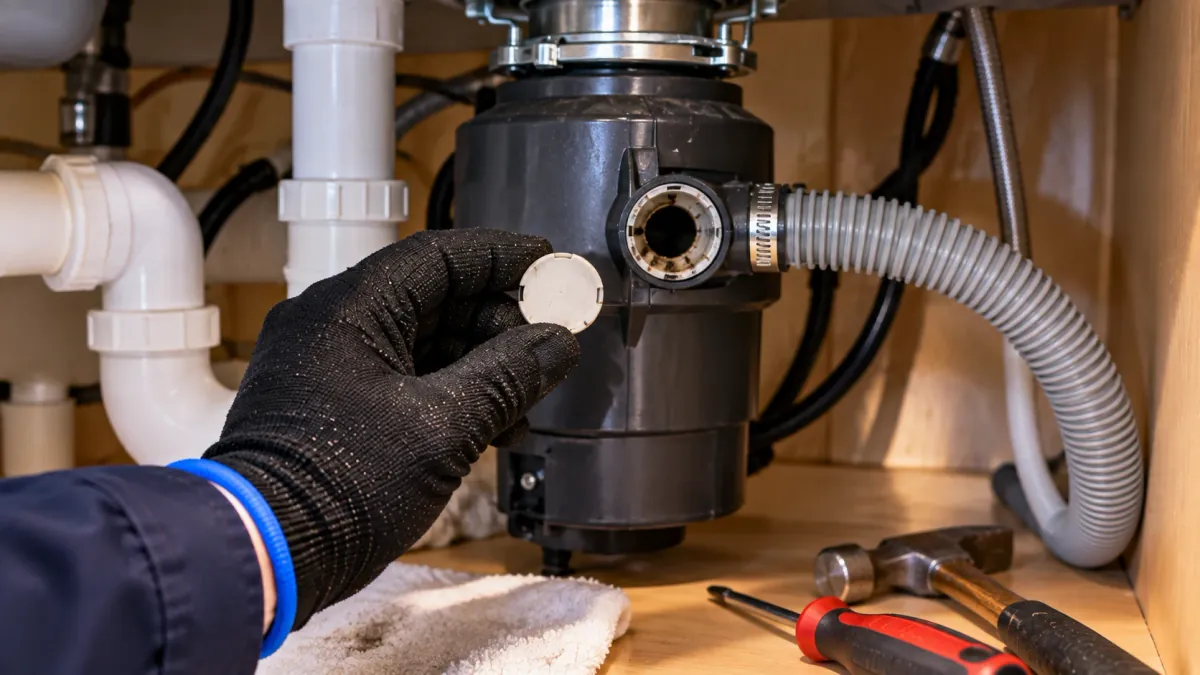 Repairman holding the knockout plug removed from a garbage disposal dishwasher inlet