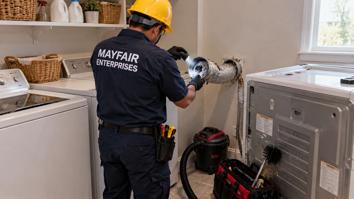 Repairman clearing lint from a clogged dryer vent hose during dryer repair in Grand Prairie TX