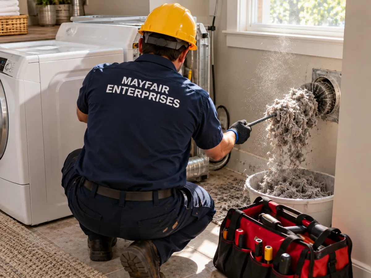 Repairman clearing a lint clogged dryer vent during dryer repair in Dallas TX
