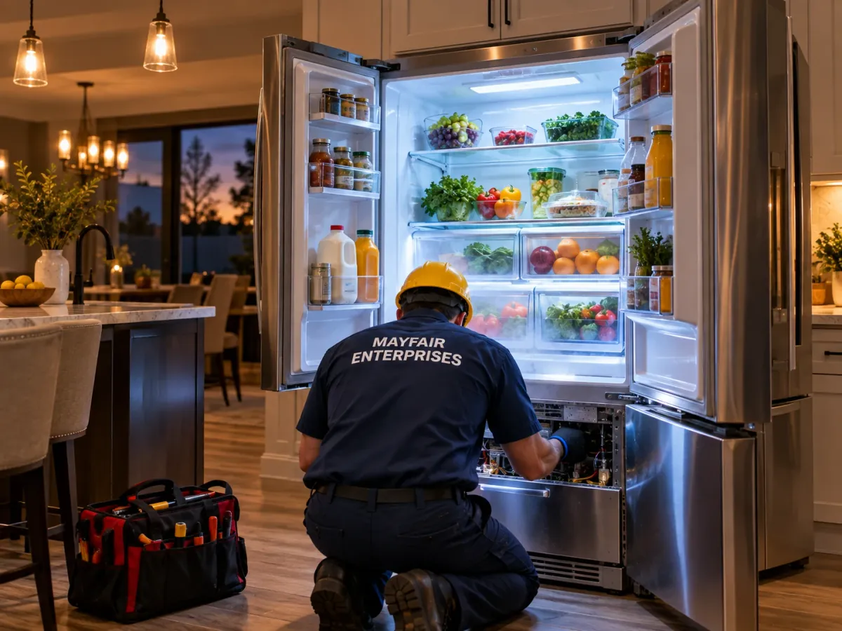 Repairman repairing a French door refrigerator in a Dallas TX kitchen