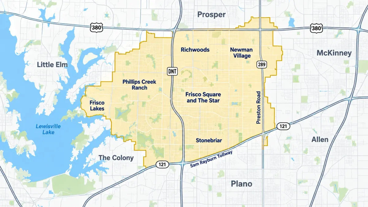 Map of Frisco TX neighborhoods served by Mayfair Enterprises appliance repair