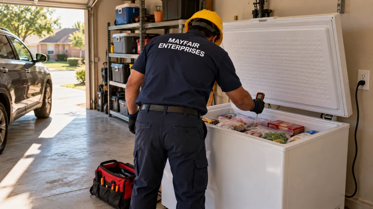 Repairman checking the temperature inside a chest freezer in a Dallas TX garage during freezer repair