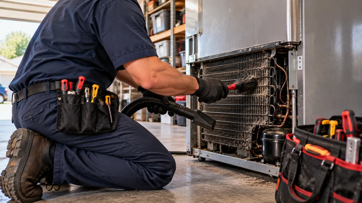 Repairman cleaning dusty condenser coils on a garage refrigerator in Arlington TX