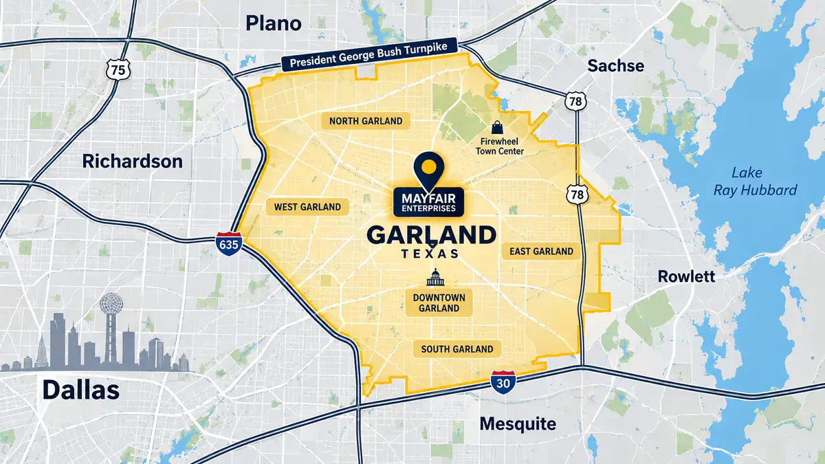 Map of Garland TX neighborhoods served by Mayfair Enterprises appliance repair