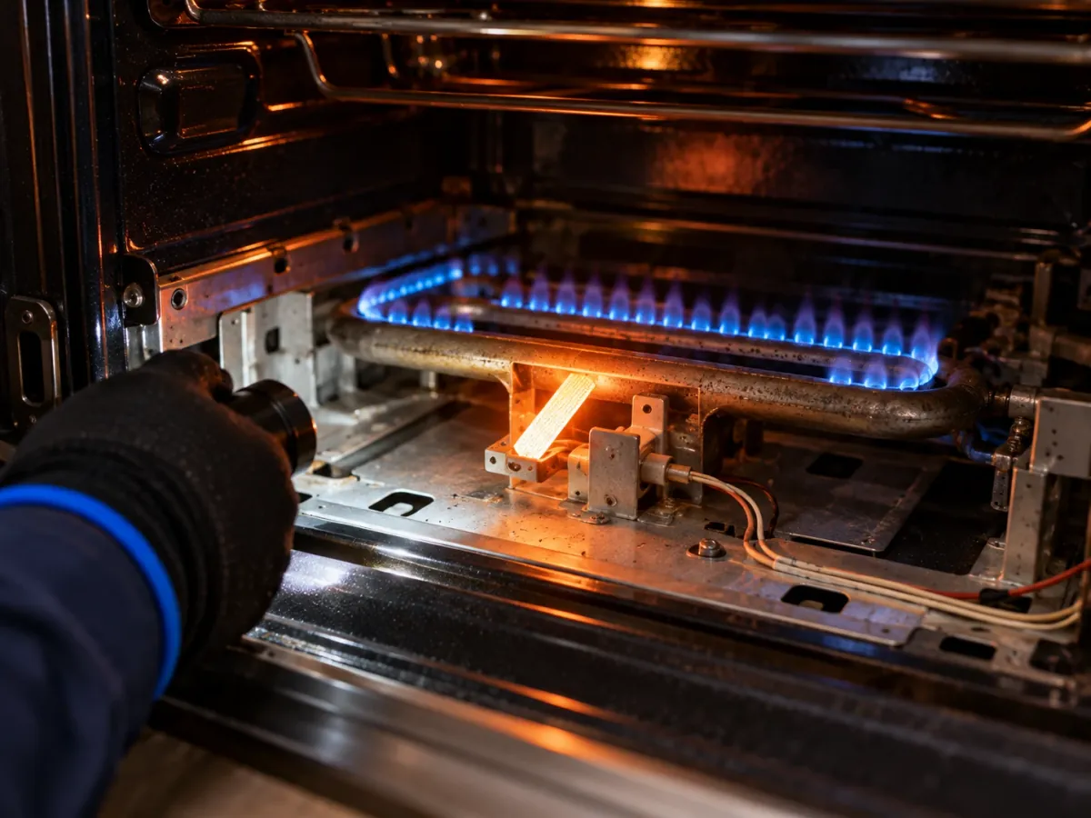 New oven igniter glowing as the gas burner lights with a blue flame during oven repair in Dallas