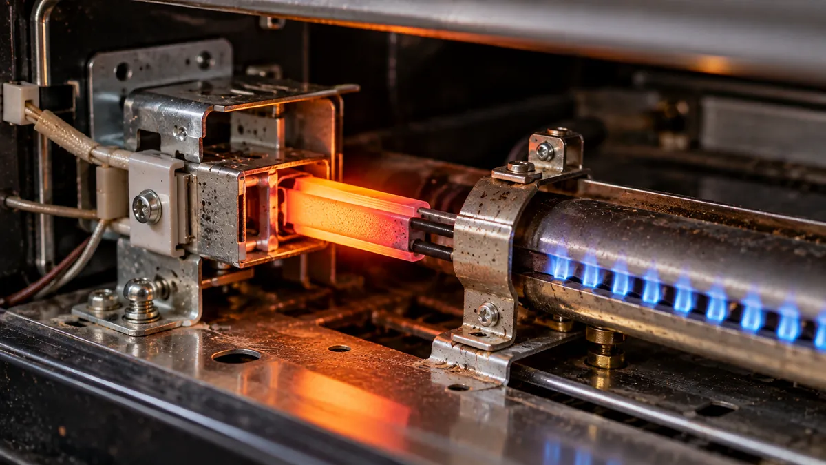 Glowing hot surface igniter lighting the burner inside a gas oven