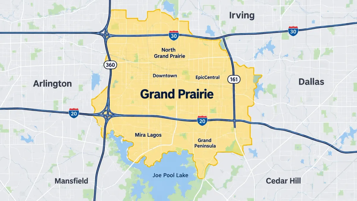 Map of Grand Prairie TX neighborhoods served by Mayfair Enterprises appliance repair