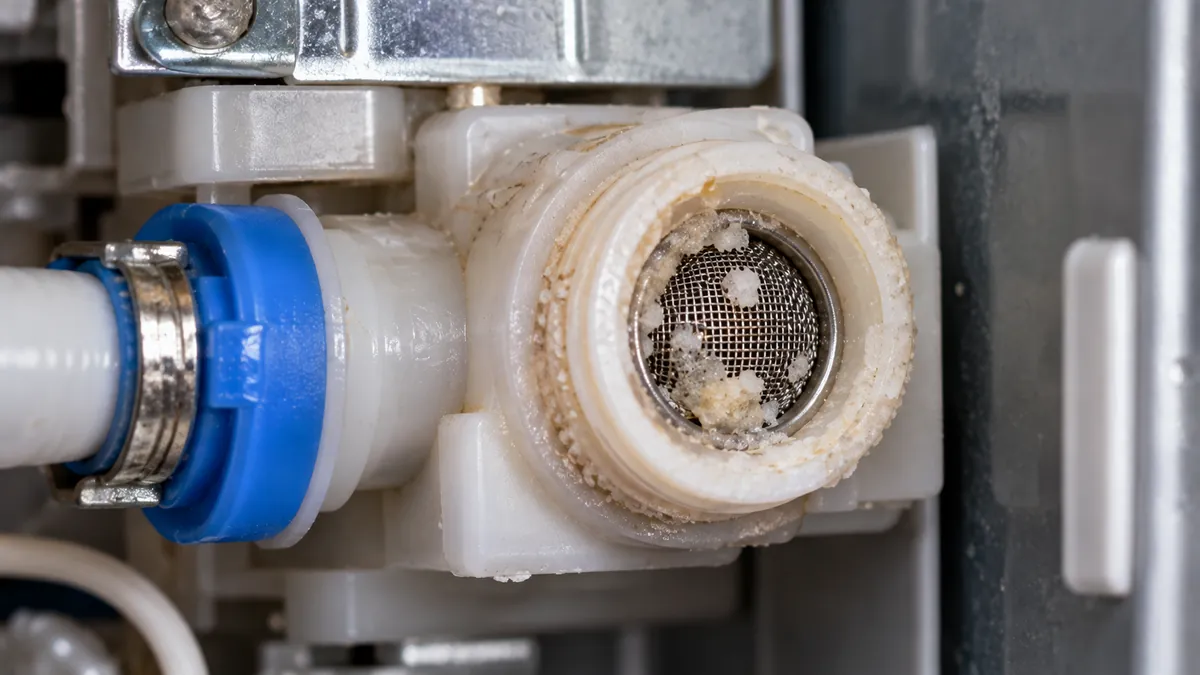 Mineral scale clogging a refrigerator water inlet valve screen from Dallas hard water