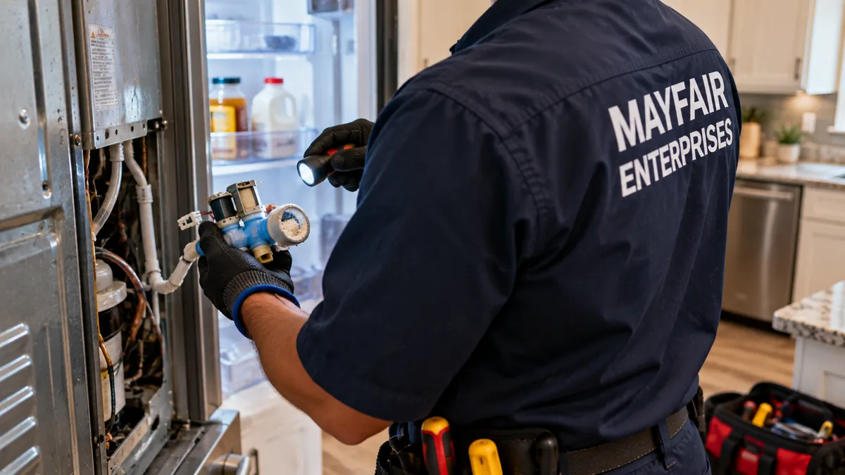 Repairman inspecting a refrigerator water inlet valve during ice maker repair in Grand Prairie TX