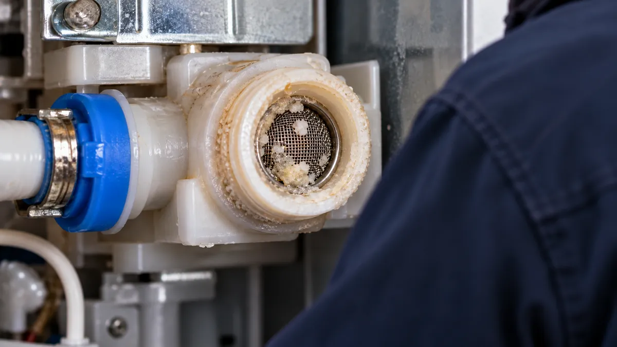 Repairman inspecting a scaled water inlet valve during ice maker repair in Dallas TX