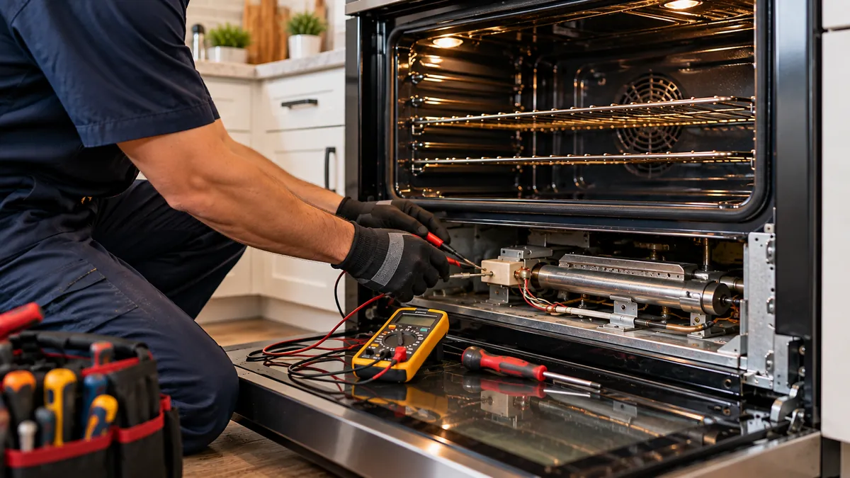 Repairman testing an oven igniter with a multimeter during oven repair in Dallas TX
