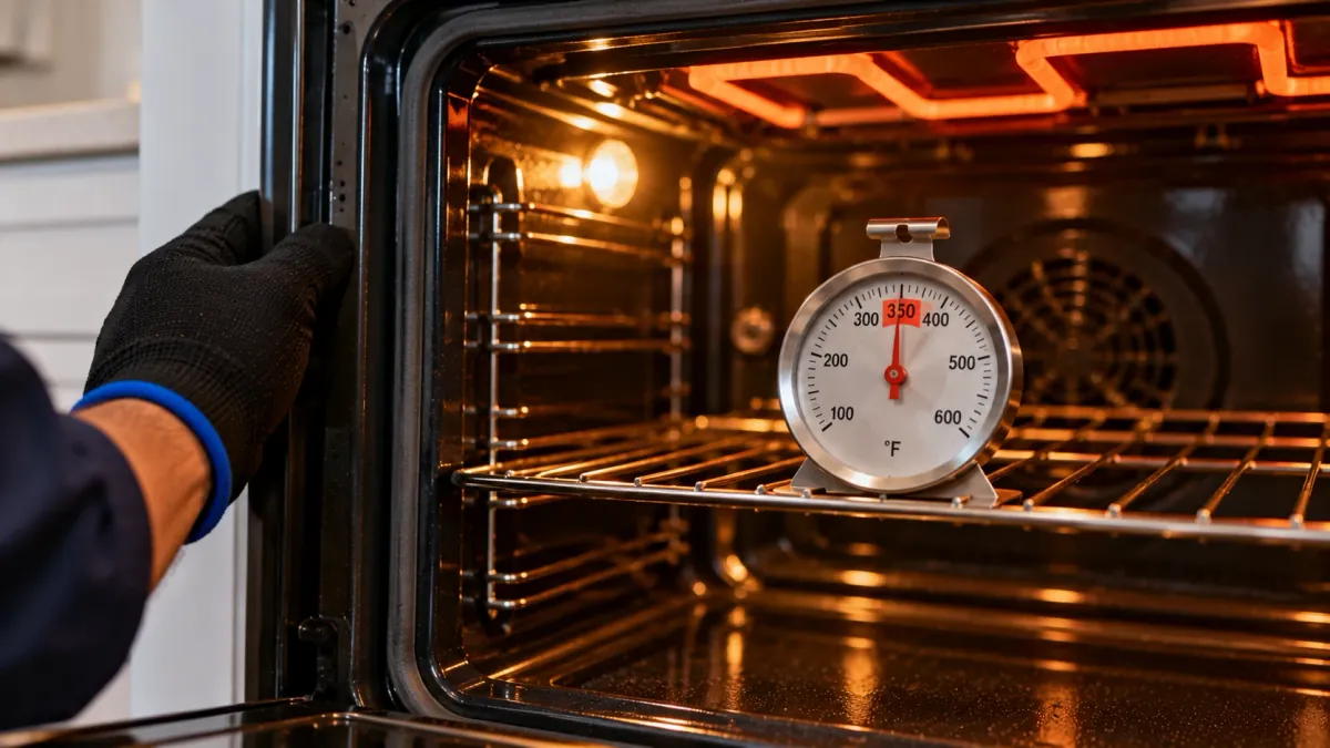 Oven thermometer reading 350 degrees on the middle rack during oven repair in McKinney TX