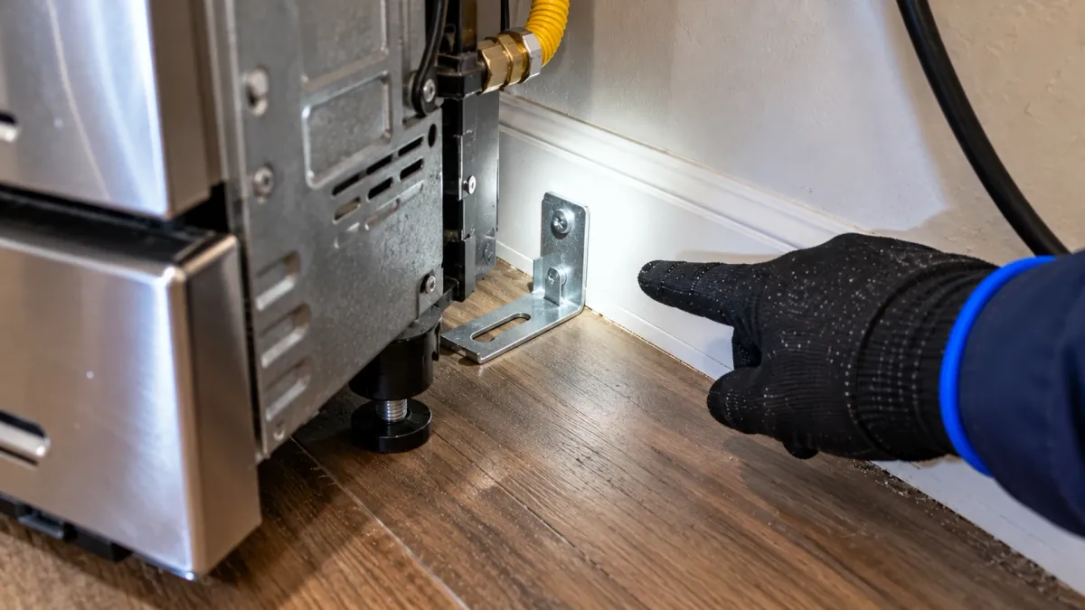 Repairman pointing to the anti-tip bracket behind a freestanding range in a Dallas kitchen