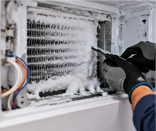Repairman clearing frost from a refrigerator evaporator coil behind the freezer panel