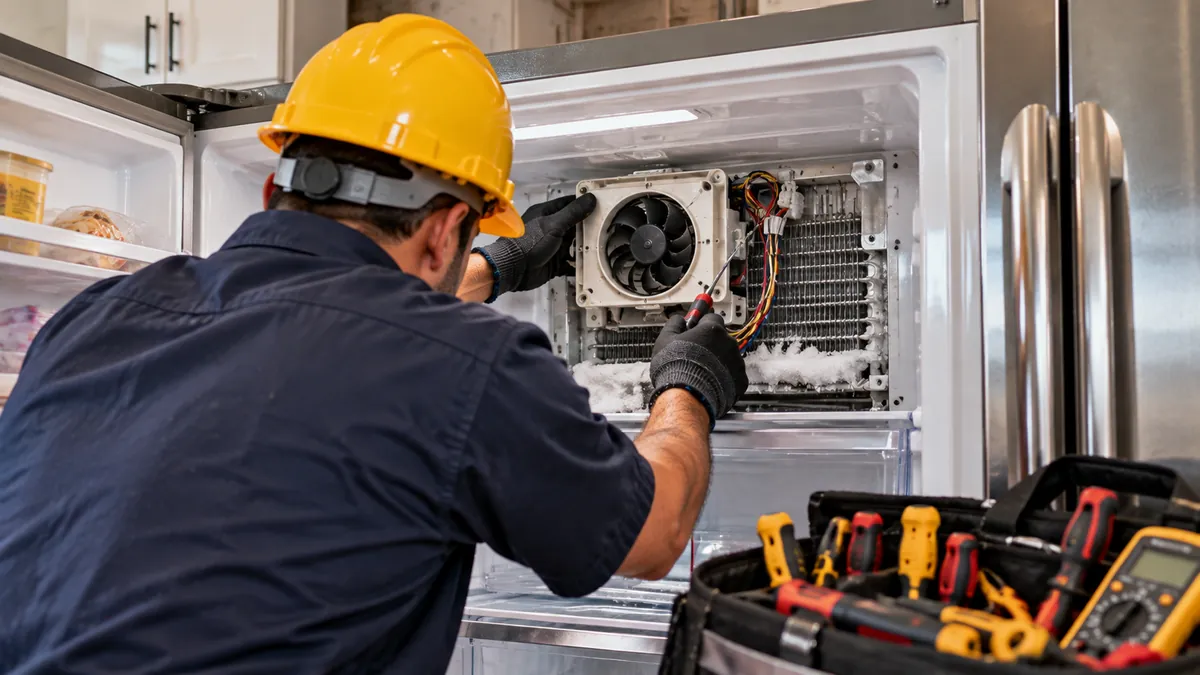Repairman checking a refrigerator evaporator fan during appliance repair in Frisco TX