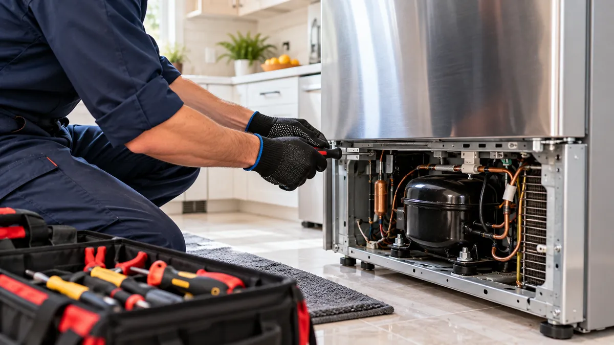 Repairman checking the compressor on a refrigerator during refrigerator repair in Dallas TX
