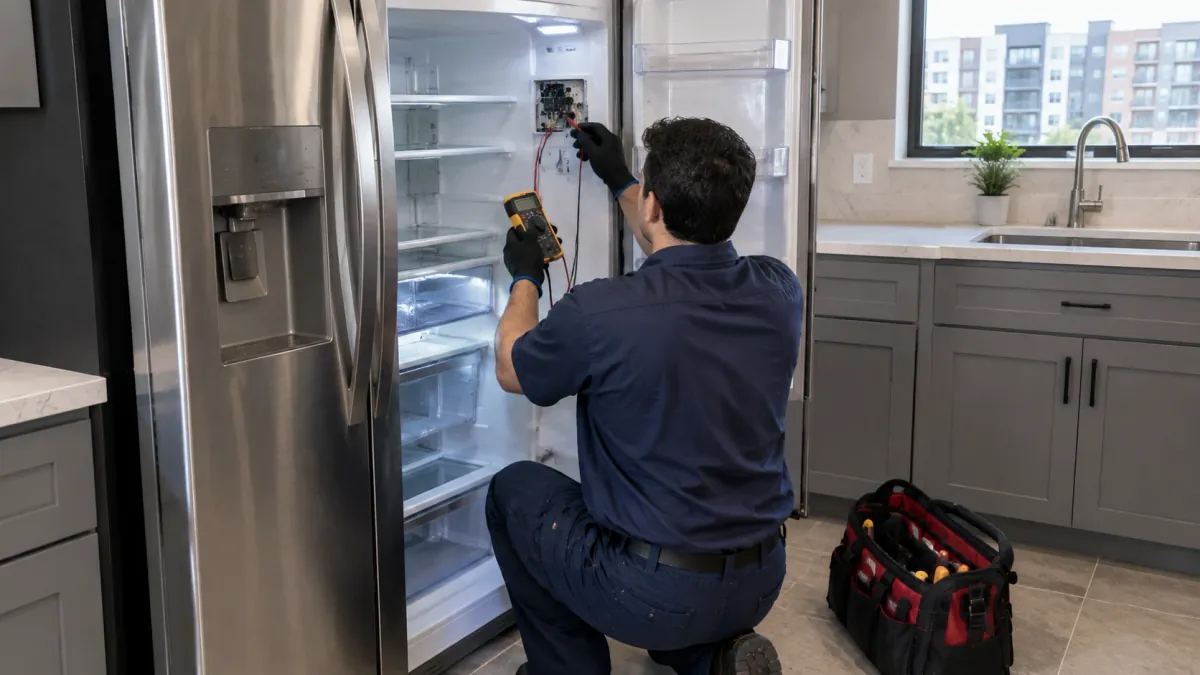 Repairman testing a refrigerator control board with a multimeter in an Irving TX apartment kitchen