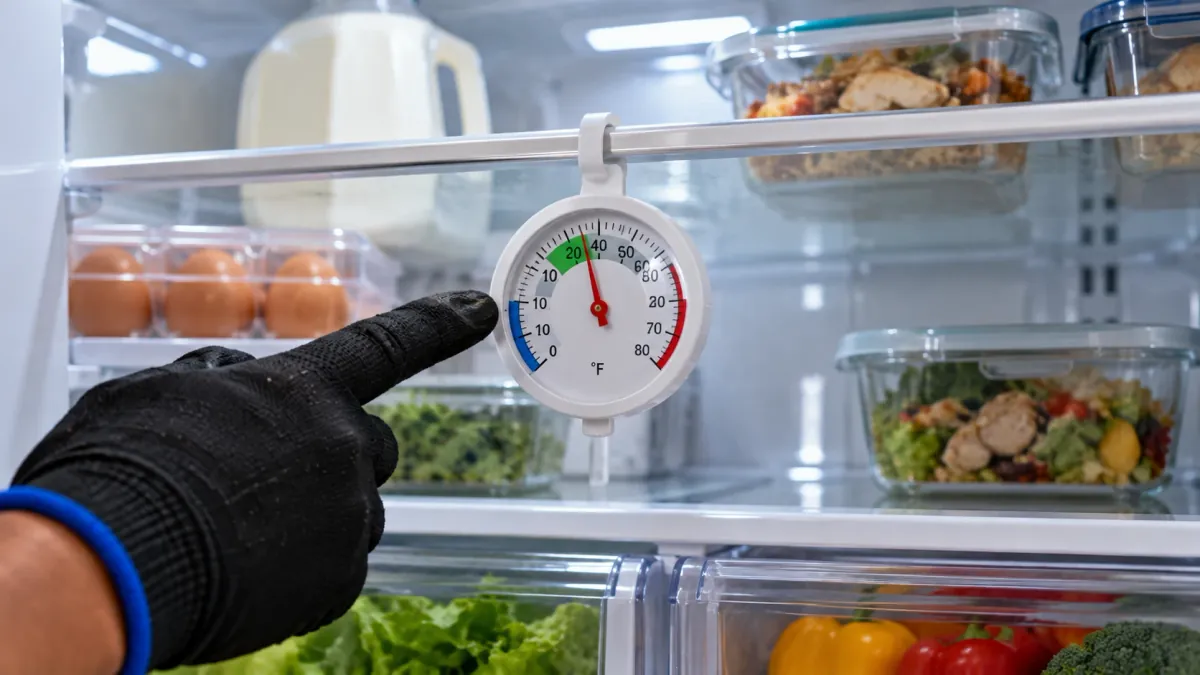 Appliance thermometer inside a refrigerator showing a safe temperature during refrigerator repair in Irving TX