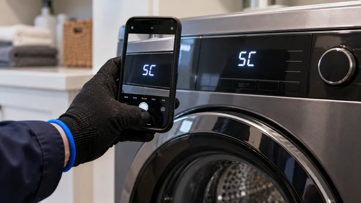 Phone photo of a smart washer display showing a 5C error code before appliance repair in Plano TX