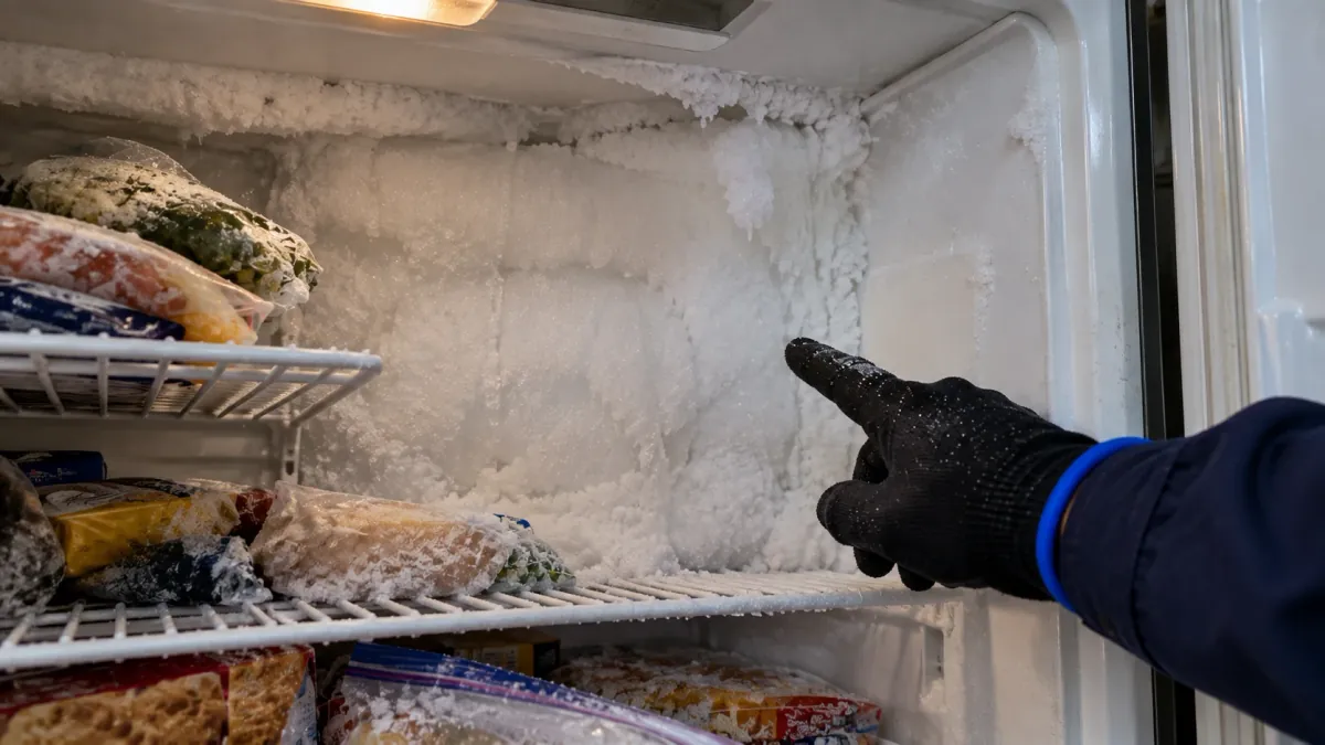 Repairman pointing to heavy frost on the back wall of an upright freezer in a Dallas home