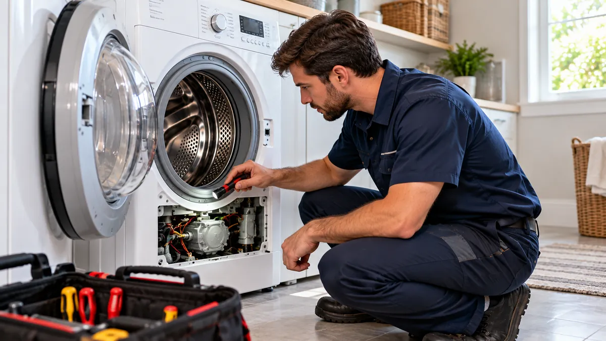 Repairman inspecting the drum and door seal of a front load washer in Dallas