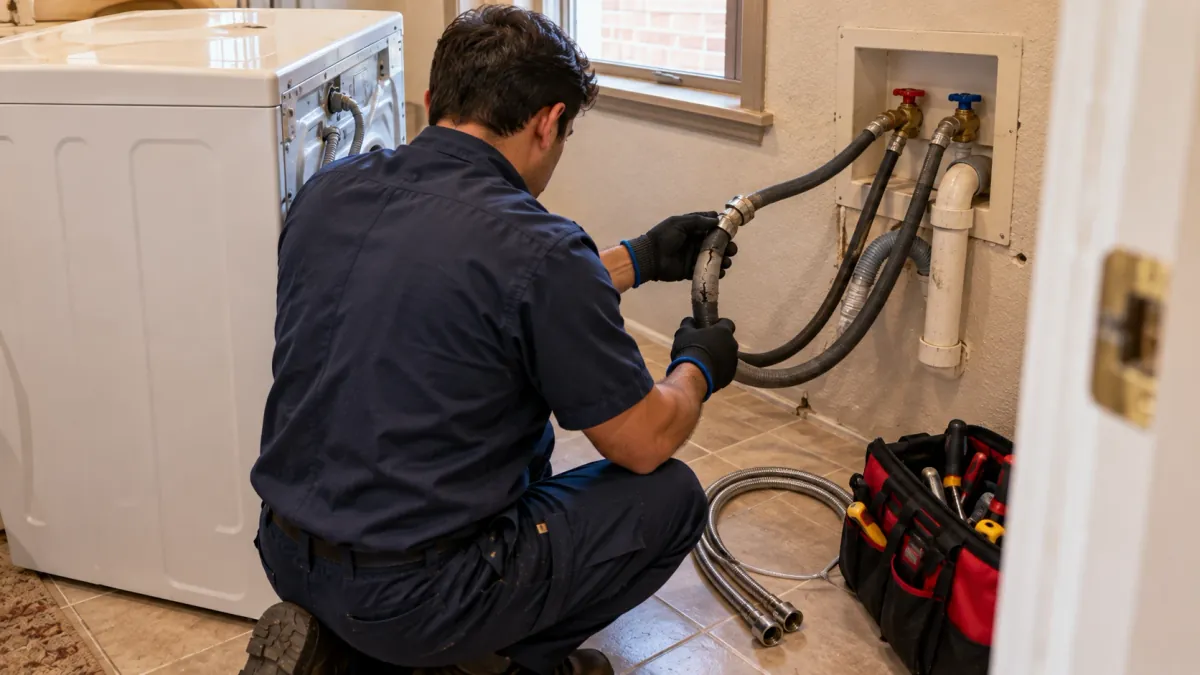 Repairman checking a cracked washer fill hose during appliance repair in Garland TX