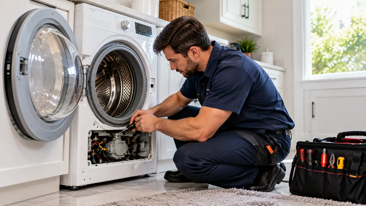 Repairman fixing a front load washer during washer repair in Dallas TX