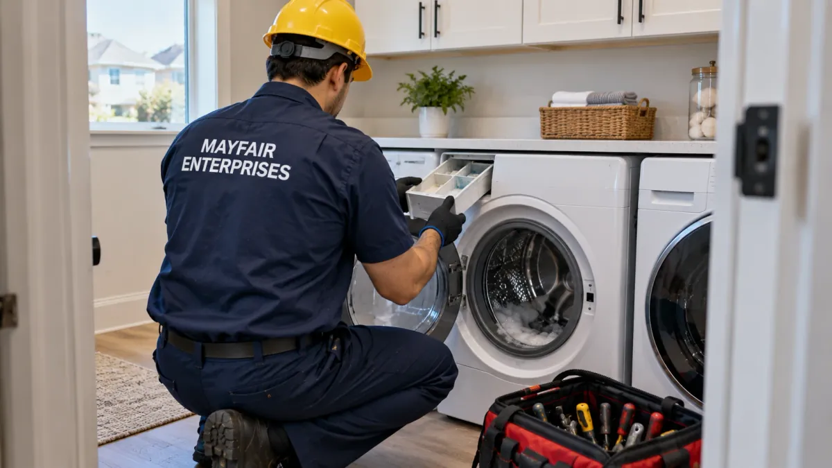 Repairman checking the detergent drawer of a front load washer during appliance repair in McKinney TX